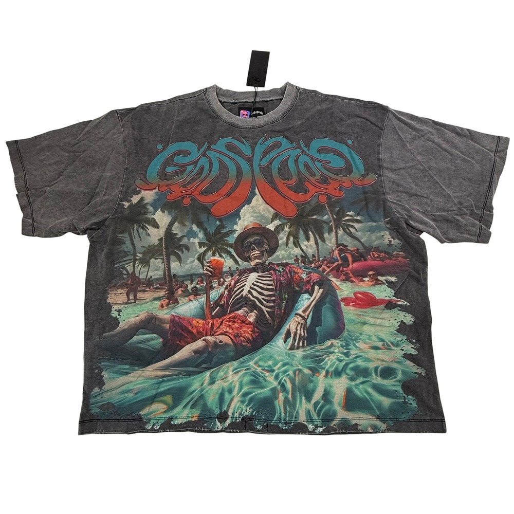 Godspeed Rarity Collection Skeleton Beach Graphic T-Shirt Grey Mineral Wash 2XL